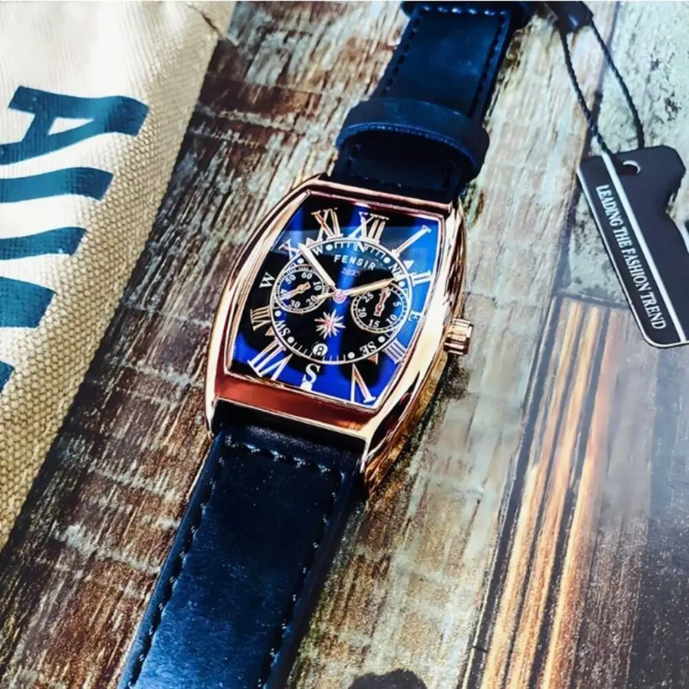 FENSIR Elegant Waterproof Quartz Watch Barrel Rose Gold Navy Blue Black NEW